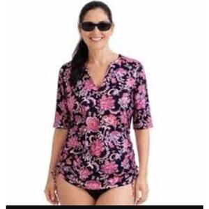 Lands End Womens 3/4 Sleeve Swim Top Pink Black Floral Print Size XL